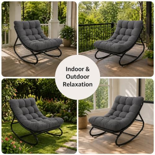 Patio Outdoor Papasan Rocking Chair with Thick Cushion, Dark Gray