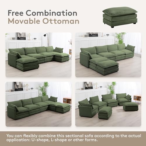 ROWHY 148'' Modular Sectional Cloud Couch with 2 Movable Ottomans, Oversized 6 Seat Modern Corduroy Sofas, Deep Seat U Shaped Couch for Living Room Bedroom Apartment,Green