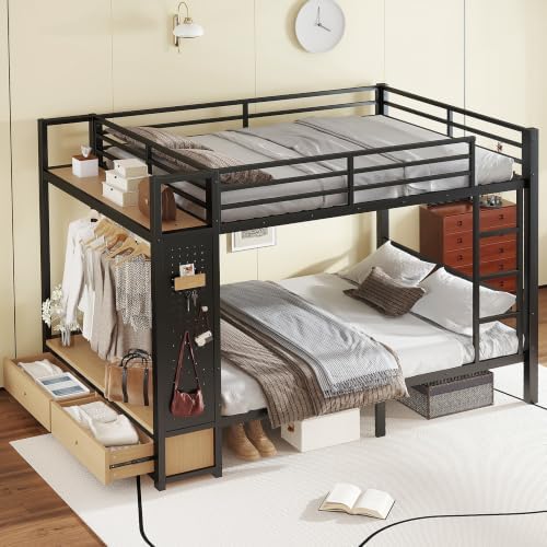 Bellemave Queen Over Queen Size Metal Bunk Bed with Storage Shelves and Drawers, Heavy Duty Bunk Beds with Clothes Hooks for Adults, Teens, Kids, Black