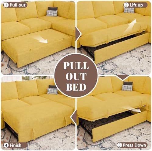 106'' Modular Sectional Sofa with Pull Out Bed, Sleeper Sofa, Yellow