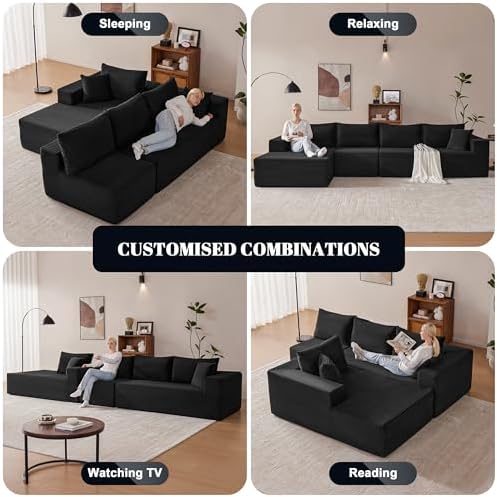Mangodan 140” Cloud Sectional Couch, Modular Sectional Sofa with Deep Seat, Boneless Sofa for Living Room, Fluffy Comfy L-Shaped Couch with Left Facing Chaise, No Assembly Required, Black