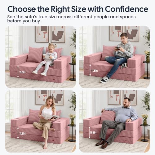 COMAX Boneless Futon Sofa Bed, 59" Small Low-Profile Floor Couch, Pink