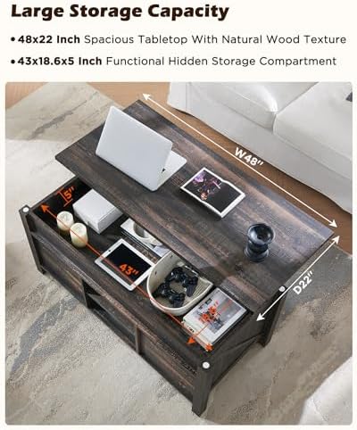 OKD 48" Farmhouse Lift Top Coffee Table, Sliding Barn Door, Dark Rustic Oak