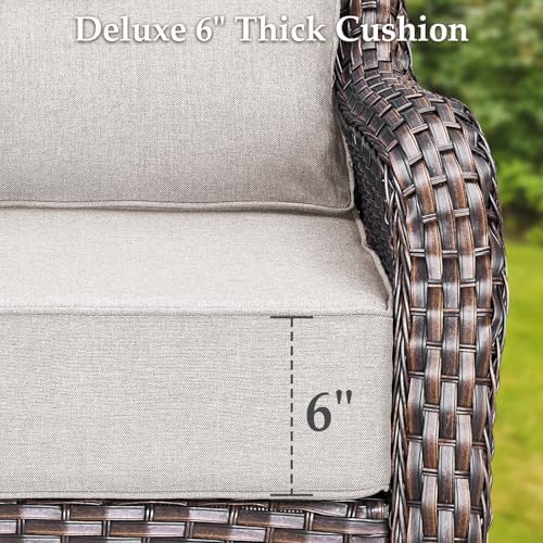 Luxury Outdoor Patio Furniture Set-Wicker High Backrest 3-Seat Patio Sofa with Comfy 6" Cushion, Rattan Couch with Deep Seat All-Weather Patio Conversation Set for Deck Backyard Garden(Brown/Beige)
