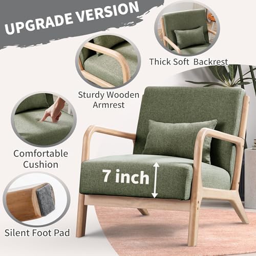 ANJ Mid Century Modern Accent Chair, Comfy Fabric Reading Chair with Solid Wood Frame, Easy Assembly Armchair for Living Room Blackish Green