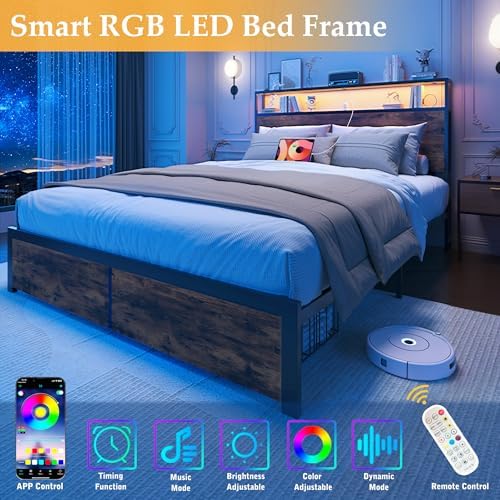 Full Bed Frame with Charging Station, LED Lights, 2 Drawers, Rustic Brown