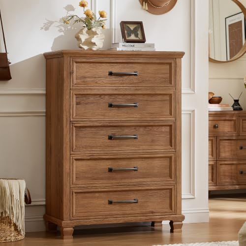 SAVOR LIFE Farmhouse 5 Drawer Dresser for Bedroom, Brown