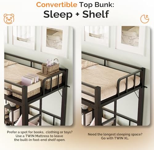 FCH Metal Triple Bunk Bed Twin Over Twin Over Twin,3 Bunk Beds with Shelves for Kids,Teens and Adults, Detachable 3 Person Bed, No Box Spring Needed,Black