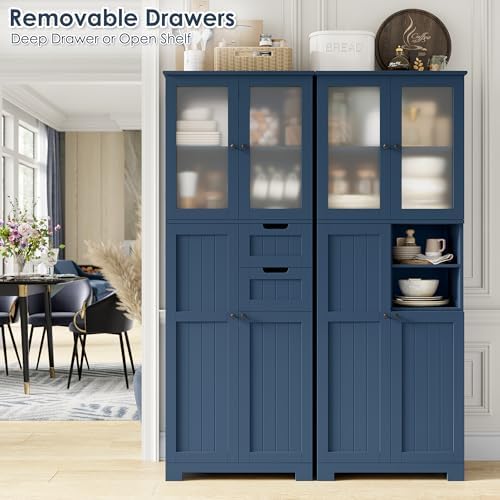 BOTLOG 67'' Tall Bathroom Storage Cabinet, Linen Cabinet with Glass Doors and Adjustable Shelves, Kitchen Pantry with 2 Drawers for Bathroom, Living Room, Dining Room, Blue | 2 Drawers, Linen Bathroom Cabinet with Glass Doors and Shelves for Living Roo...