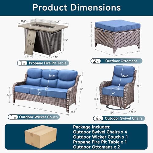 Luxury Patio Furniture Set with Fire Pit Table-8 Pieces All Weather Outdoor Swivel Rocker Chairs with Sofa and Ottomans. Outdoors Patio Conversation Sets for Porch Deck Garden(Brown/Blue)