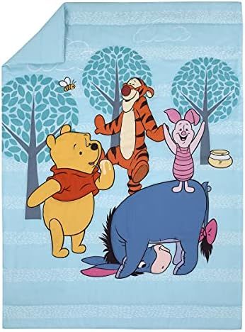 Disney Winnie The Pooh Funny Friends Aqua, Gold, Blue and Orange, Tigger, Eeyore and Piglet 4 Piece Toddler Bed Set - Comforter, Fitted Bottom Sheet, Flat Top Sheet, and Reversible Pillowcase