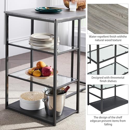 VECELO Dining Table Set for 2 with 3 Storage Shelves,Counter Height Kitchen Table and Chairs with Pu Cushion Chairs & Wood Top for Small Space,Dining Room,Apartment，Gray
