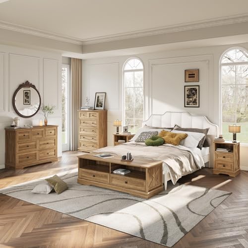 Farmhouse 6 Drawers Dresser Chests for Bedroom, Natural Oak Wood Dressers