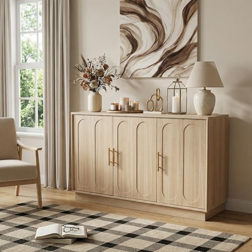 holzart 46.6" Modern 3 Door Storage Cabinet, Light Oak Sideboard Buffet Cabinet with Gold Handles, Large Fluted Wood Accent Credenza for Dining Room, Living Room, Coffee Bar