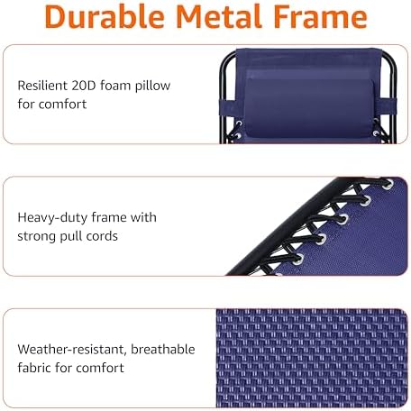 Amazon Basics Zero Gravity Lounge Chair with Pillow, Foldable Outdoor Reclining Chair for Patio and Beach, Weather-Resistant Textilene, 300 lb Capacity, 26", Navy Blue