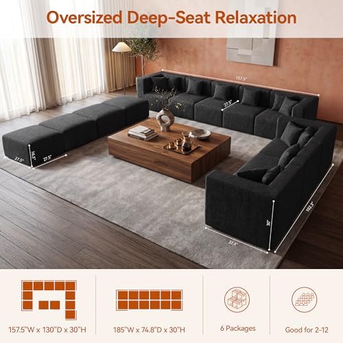 MONVANE Modular Sectional Sofa, Oversized 12 Seat Convertible U Shaped Couch with Ottoman, Comfy Chenille Cloud Couch with Deep Seat, Sectional Couches for Living Room, No Assembly Required, Black