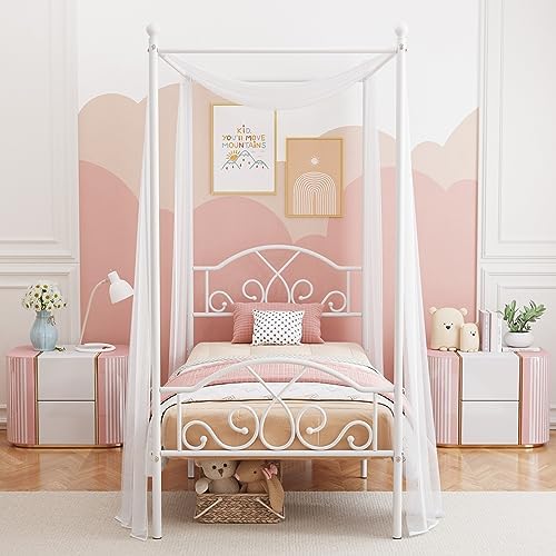 Twin Princess Canopy Bed Frame with 4 Posters, Twin Size Bed for Kids Girls