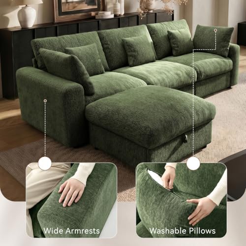 Ihanherry Cloud Sectional Couches for Living Room, 110" Large Modular Sectional Sofa with Wide Deep Seat, L Shaped Couch with Throw Pillow and Storage Ottoman, Green