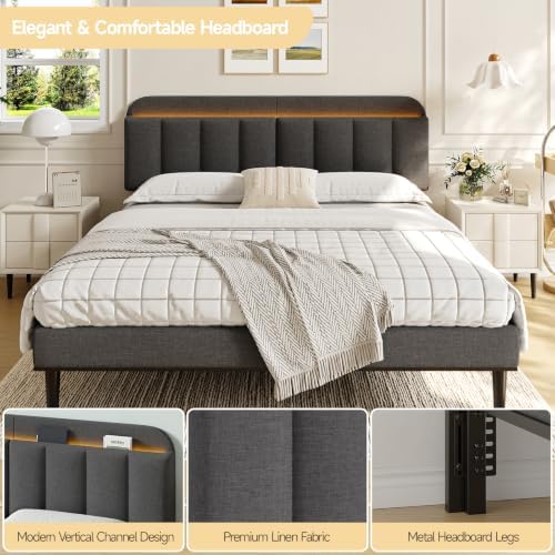 ONBRILL King Headboard Only with LED Light, Upholstered Storage Headboards