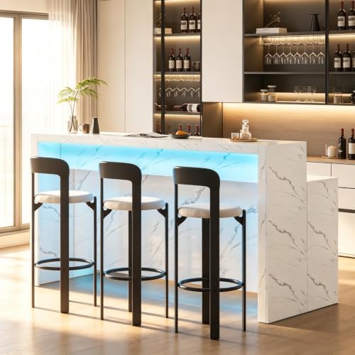 71'' Faux Marble Dining Table for 6 People, 2-Tier Tall Modern Kitchen Island with LED Lights, Rectangle Kitchen Dining Table for Home