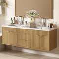 CARPETNAL 60 Inch Bathroom Vanity with Sink, Natural Oak. | Modern Fluted Large Double Sink Bathroom Vanity with Sink with 2 Storage Cabinets, Adjustable Shelf and 2 Drawers.
