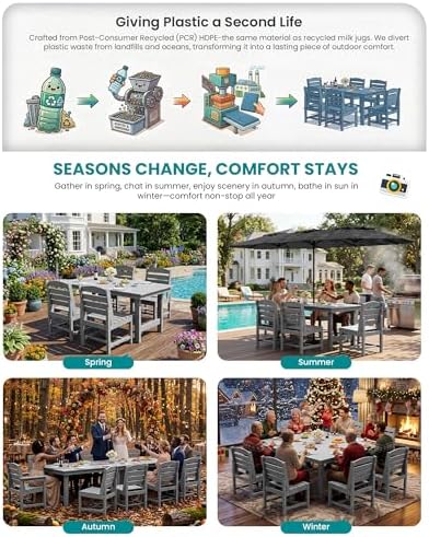 SERWALL HDPE Outdoor Furniture, Outdoor Dining Set for 10, Light Gray