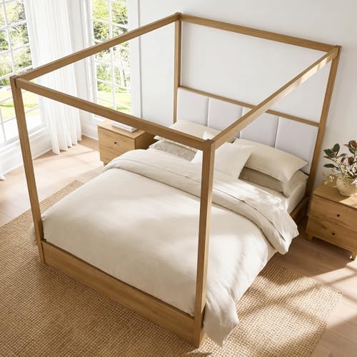 WAMPAT Wood Canopy Bed Frame Queen Size, Oak Bed w/Solid Wood Posters