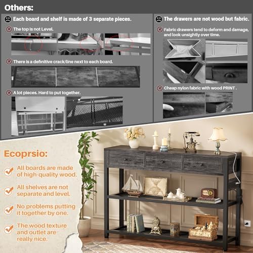 Ecoprsio Entryway Table with Power Outlets, 47" Console Table with Drawers