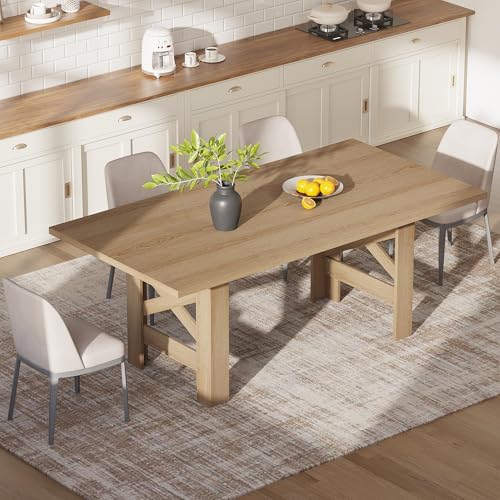 IDEALHOUSE 71" Long Dining Table for 6-8, Farmhouse Wooden Barn Kitchen Table for 6, Triangular Legs, Large Dining Room Table w/Thickened Tabletop, Sturdy Frame, for Dinner, Kitchen, Office, Natural