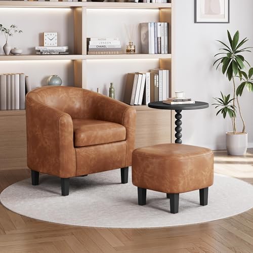 Yaheetech Accent Chairs with Ottoman Set of 2, Faux Leather, Brown
