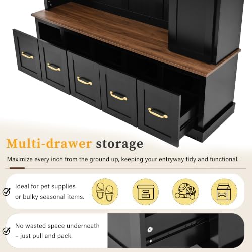 RuiSiSi Hall Tree with Bench and Shoe Storage, 5-in-1 Entryway Coat Rack with Drawer and Storage Cabinet, Antique Black