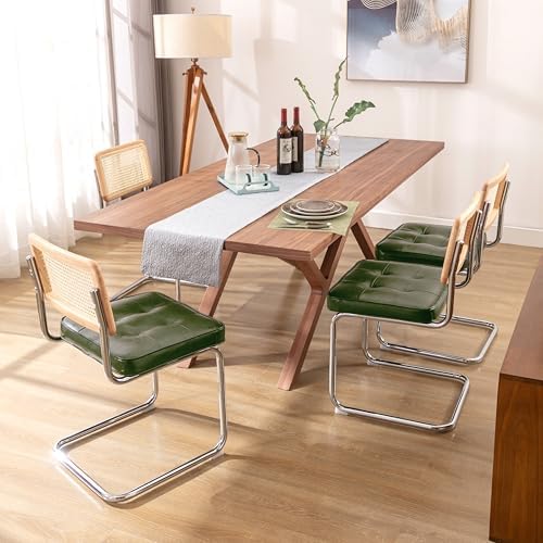 Zesthouse Natural Rattan Dining Chairs Set of 4, Mid Century Modern Dining Room Chairs with Chrome Leg, Faux Leather Kitchen Chair with Solid Wood Back & Cane Mesh, Breuer Cesca Design Inspired, Green