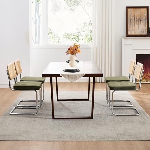 Zesthouse Natural Rattan Dining Chairs Set of 6, Mid Century Modern Dining Chairs with Solid Wood Back & Chrome Base, for Kitchen Living Room, Breuer Design Inspired, Upholstered Linen Fabric, Green