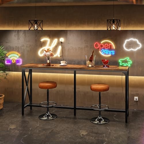 CHOEZON 63'' Bar Table, Kitchen Dining Table with Power Outlet and Footrest, Industrial Style, for Pub, Living Room, Rustic Brown and Black TBT07UBF