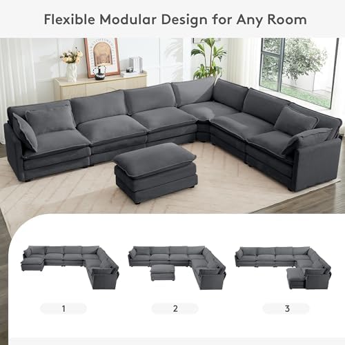 ROWHY 150'' Modular Sectional Corner Cloud Couch, 7 Seater Sofa Big Comfy Corduroy V Shaped Couch with 4 Throw Pillows, Movable Ottoman, Couches for Living Room Office Dark Grey