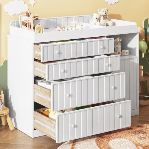 White Changing Table Dresser with 4 Drawers, Baby Nursery Diaper Table