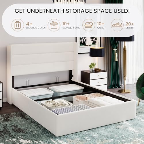 SHA CERLIN Full Size Lift Up Hydraulic Storage Bed Frame White