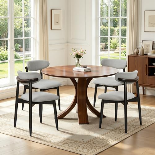 CHUN YI Dining Chairs Set of 6, Upholstered Solid Wood Dining Room Chairs, Mid Century Modern Fabric Kitchen Chairs with Ergonomic Curved Back, Gray (Only Chairs)
