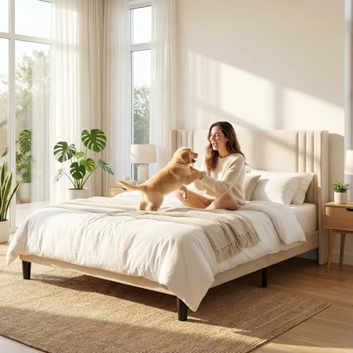 Gizoon Full Bed Frame with Wingback Headboard, Upholstered Platform Bed