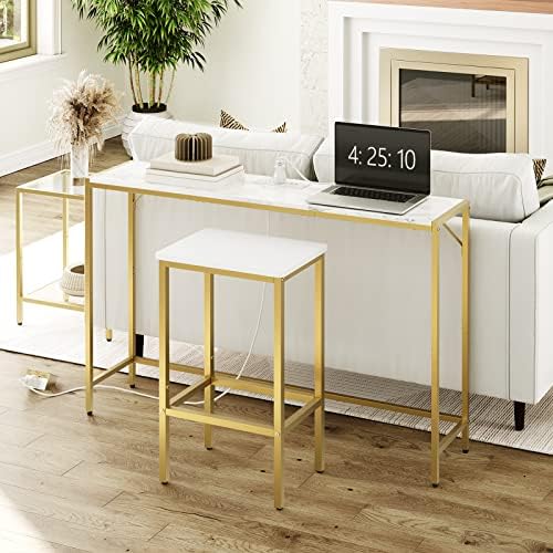 MAHANCRIS Console Table, Narrow Sofa Table, 43.7” Entrance Table with Power Station, Behind Couch Table, Simple Style, for Living Room, Hallway, Entryway, Foyer, Marble and Gold CTJM112E01