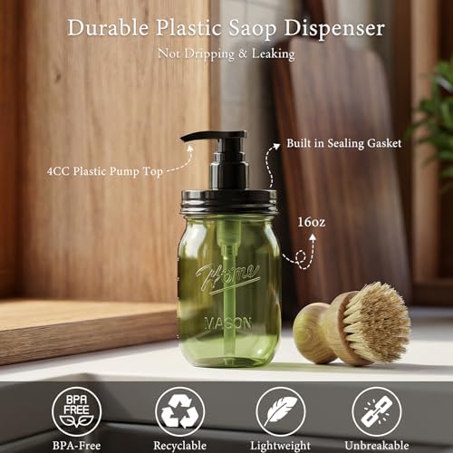 Amolliar Plastic Mason Jar Soap Dispenser with Pump Lid 16OZ - 2Pack Green