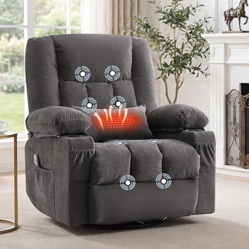 BOSMILLER Recliner Chair with Vibration Massage and Lumbar Heat for Living Room, Oversized Ergonomic Swivel Rocking Chair, Featuring Side Ptgocket, 2 Cup Holders & USB Charge Port