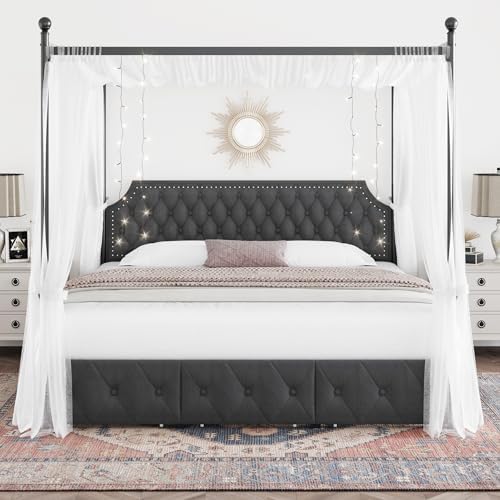 Keyluv King Upholstered Canopy Bed Frame with 3 Storage Drawers & Button Tufted Headboard, Metal Platform Bed with 4 Removable Posts, Two-Purpose Velvet Bed, Dark Grey/Curtain Not Included