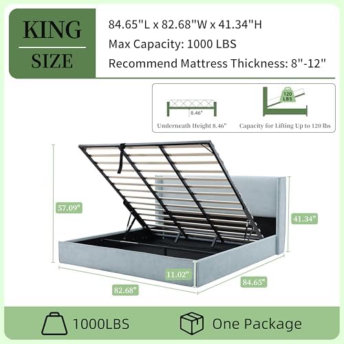 King Lift Up Storage Bed, Corduroy Platform Bed with Headboard, Light Blue