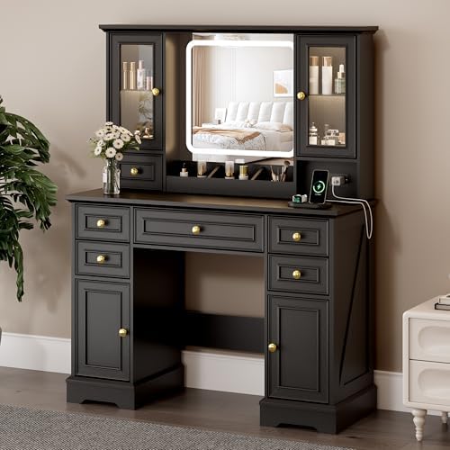 Vanity Desk with Mirror & Lights, Makeup Vanity with Power Outlet & USB Ports, Farmhouse Dressing Table, 6 Drawers & 4 Storage Cabinets, RGB Cabinet Lighting, 3-Color Dimmable Mirror