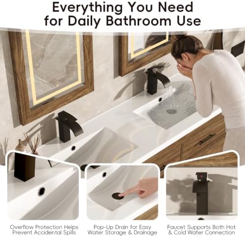 St.Mandyu 60" Bathroom Vanity w/Sink & LED Mirror & Faucet,Modern Bathroom Vanities Set w/ 3-Color Lighting, Curved Splash-Reducing Basin, Bath Vanity w/Large Storage Cabinet&Drawers,Rsutic Bro