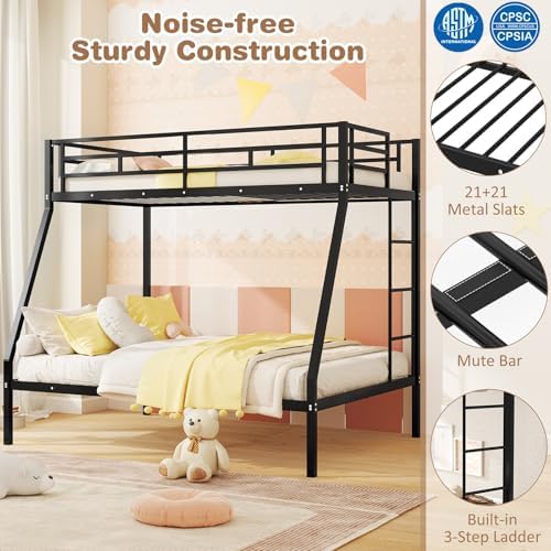 Giantex Metal Bunk Beds Twin Over Full Size, Heavy Duty Loft Bunk Bed with Ladder & Guardrail, Space Saving Bunk Bed for Dorm Apartment, Teens & Adults, Noise-Free, No Box Spring Needed, Black