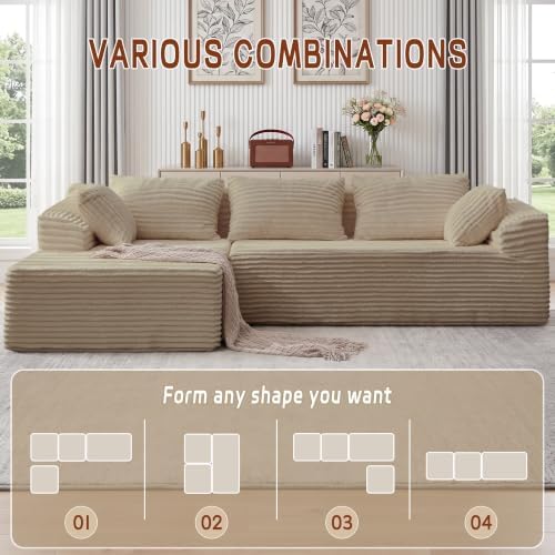 Korser 110" L-Shaped Modular Sectional Sofa with Chaise, Boneless Comfy Corduroy Fluffy Couch with Deep Seat and Side Pockets, Flexible Module Combination for Living Room, No Assembly, Side Pockets