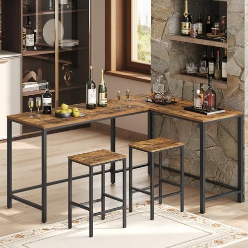YATINEY 78.7" Bar Table and Chairs Set, L-Shaped Bar Height Table and 2 Chairs, Convertible Bar Table with Stools for Kitchen, Corner, Apartment, Easy to Assemble, Rustic Brown and Black BT14BR