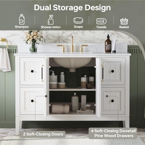 48 Inch Bathroom Vanity with Sink, Fully Assembled, White | Solid wood frame with Quartz Top and Backsplash, ceramic sink, spacious storage, adjustable feet and fully assembled design